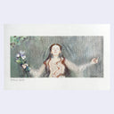 Artistic depiction of a woman holding flowers while laying down in a body of water with a textured white border
