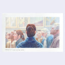 Artistic depiction of a crowd with a central figure in blue, titled 'Portrait of a Lady on Fire'.