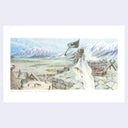 Illustration of a woman in a long, white dress standing atop a stone building in a mountain landscape.