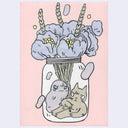 Painting of a brown cartoon cat laying in the bottom of a mason jar which holds a bouquet of purple flowers. 