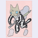 Painting of a cartoon gray cat wearing a skeleton suit and holding a longsword on its back. Background is light pink.