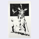 Ink sketch on paper of a centaur woman, walking and holding a spear with a bird following behind.