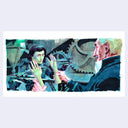 Illustration of a film still from Edward Scissorhands, with a man holding the severed forearms of another man.