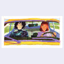 Illustration of a film still from Edward Scissorhands of 2 characters in a car, one smiles brightly and the other smiles slightly dressed in all black.