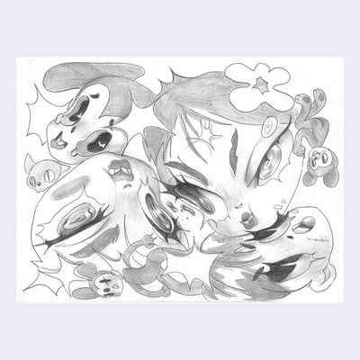 Graphite sketch of 4 faces slightly warped and distorted, with large cutesy eyes.