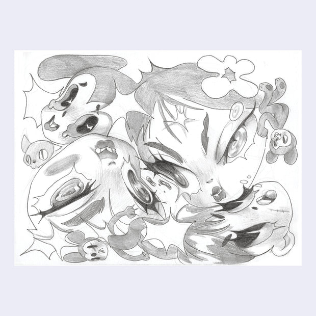 Graphite sketch of 4 faces slightly warped and distorted, with large cutesy eyes.