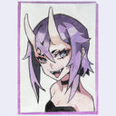 Illustration of a purple demon girl character with its tongue out.