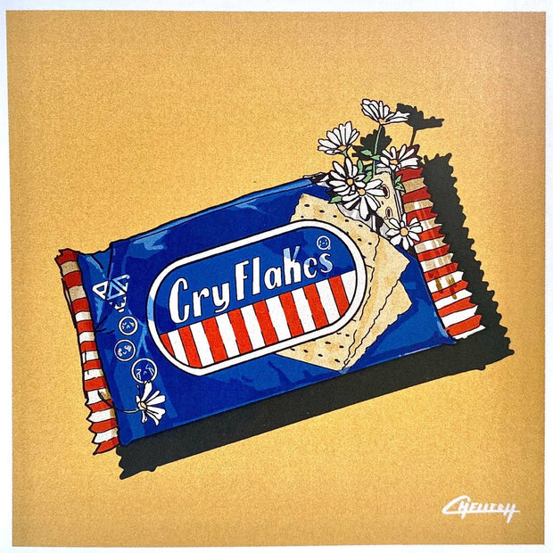 Illustration of a package of crackers in blue and red packaging. Small white flowers come out of the opening of the packet.
