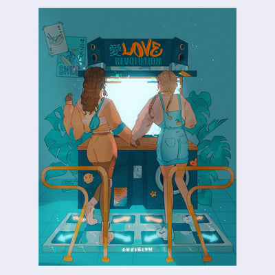 Illustration of 2 girls playing Dance Dance Revolution and holding hands. Colors are mostly orange and blue.