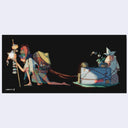 Illustration of a girl holding a staff with a lantern and bells. She kneels and seems to drag along baggage.