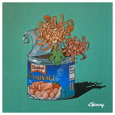 Illustration of a Vienna Sausage can, partially opened with a bouquet of 2 flowers inside. Background is a dark bluish green.