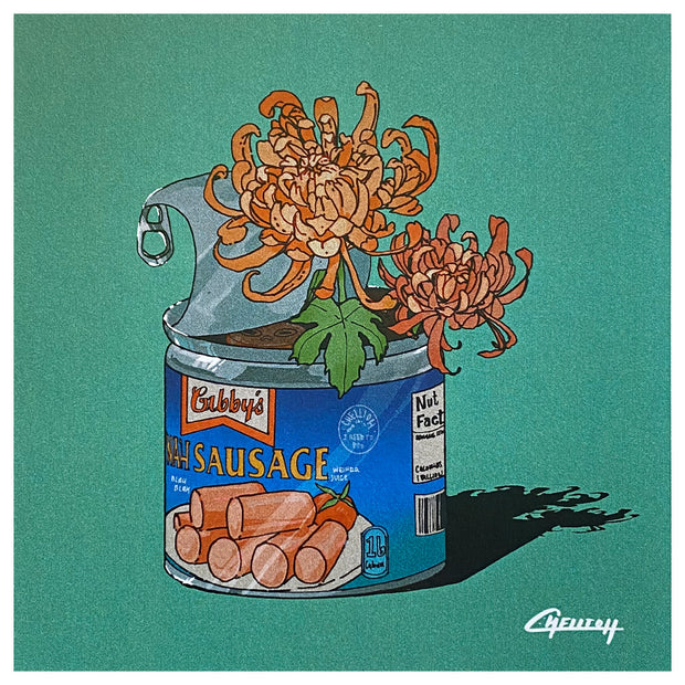 Illustration of a Vienna Sausage can, partially opened with a bouquet of 2 flowers inside. Background is a dark bluish green.