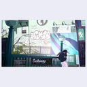 Illustration of a NYC street with a girl with angel wings standing in front of a subway entrance.