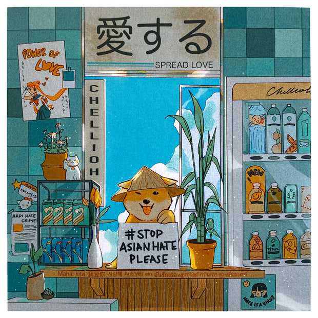 Illustration of a dog sitting at a storefront counter wearing a hat and holding a sign that says "#stop Asian hate please" with a vending machine behind.