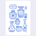 9 line art drawings of blue vases, of different shapes and sizes all with patterned designs.