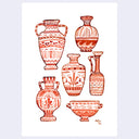 6 line art drawings of red vases, of different shapes and sizes all with patterned designs.