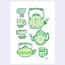 7 green ink drawings of tea pots, kettles and tea cups with intricate line art designs on each.