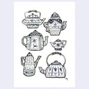 6 black ink illustrations of tea kettles and pots, each have an intricate line art design.