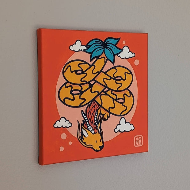 Painting on a burnt orange canvas of a cartoon dragon, with a cute face and smile and stark black outlines around its curving body. Its tail leads to a blossoming tree.