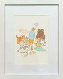 Illustration of a child with various stuffed animals, framed in a white frame.
