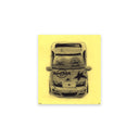 Graphite illustration on yellow paper of a car, seen from overhead, being driven by Tweety Bird with a sticker for the hard rock cafe.