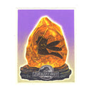 An illustration of a glowing amber fossil with a mosquito silhouette inside with the head of Bart Simpson, set against a purple background with a Jurassic Bart logo plaque at the bottom.