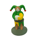 Gif of a sculpture of a cat dressed as a jester in a green and yellow outfit. The sculpture rotates around to show all angles.