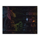 Colorful illustration of a tropical scene with characters and a bar on a black background
