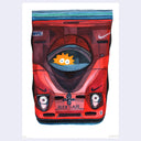 Watercolor illustration of an overhead view of a stylistic red Nissan car, with Lisa Simpson riding in it with just the top of her head peeking out.