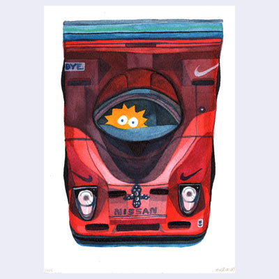 Watercolor illustration of an overhead view of a stylistic red Nissan car, with Lisa Simpson riding in it with just the top of her head peeking out.
