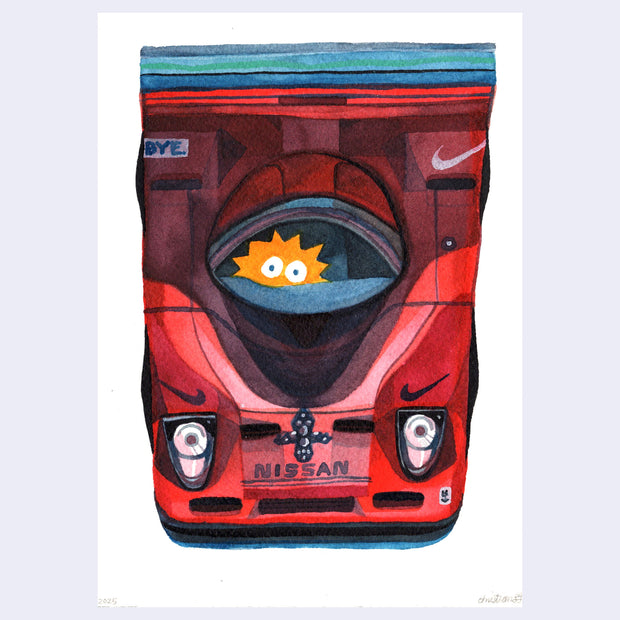 Watercolor illustration of an overhead view of a stylistic red Nissan car, with Lisa Simpson riding in it with just the top of her head peeking out.