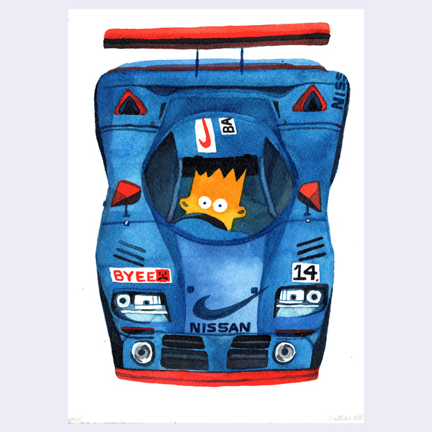 Watercolor illustration of a blue Nissan race car with seen overhead, with Bart Simpson riding in it - only his head is visible.