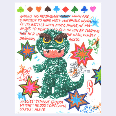 Illustration in colorful markers of a Kewpie dressed up as a green Godzilla with large yellow eyes. Around it are colorful star bursts and writings about Godzilla.