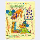 Yellow page full of marker drawings of various cartoon characters.