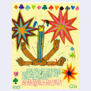 Yellow page full of marker drawings of various cartoon characters.