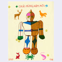 Yellow page full of marker drawings of various cartoon characters.