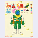 Yellow page full of marker drawings of various cartoon characters.