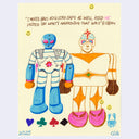 Yellow page full of marker drawings of various cartoon characters.