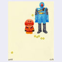 Illustration of anpanman standing next to a suited toy.