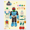 Yellow page full of marker drawings of various cartoon characters.