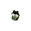Small figurine of a black cat with a white face on a tiny green tank against a white background
