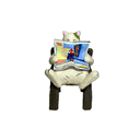 Gif of a rotating sculpture of a fat cat sitting on a chair and reading a newspaper with colorful print.