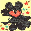 Marker drawing on yellow post it note of Mickey Mouse, dressed in a large black coat with black gloves, pants and shoes. Colorful stars are in the background. 