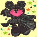 Marker drawing on yellow post it note of Mickey Mouse, dressed in a large black coat with black gloves, pants and shoes. Colorful stars are in the background. 