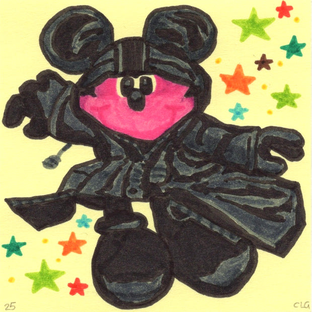 Marker drawing on yellow post it note of Mickey Mouse, dressed in a large black coat with black gloves, pants and shoes. Colorful stars are in the background. 