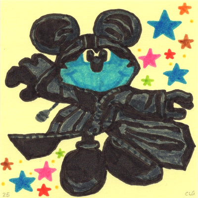 Marker drawing on yellow post it note of Mickey Mouse, dressed in a large black coat with black gloves, pants and shoes. Colorful stars are in the background. 