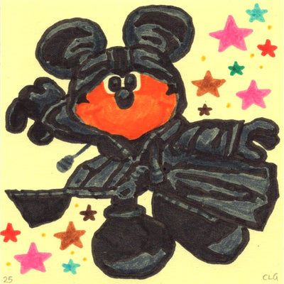Marker drawing on yellow post it note of Mickey Mouse, dressed in a large black coat with black gloves, pants and shoes. Colorful stars are in the background. 