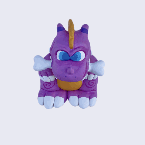 Gif showing a rotating sculpture of a purple dinosaur, with a bone in its mouth like a dog.