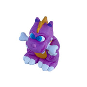 Purple cartoon-like sculpture of a dinosaur with a bone in its mouth like a dog.