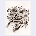A monochrome art print featuring a stylized fox mask surrounded by cherry blossoms and a bell, rendered in dark brown ink on an off-white paper background.
